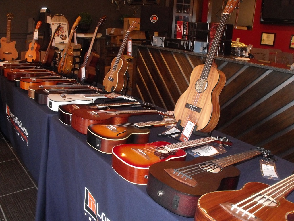 Some of the ukuleles available for purchase from Long & McQuade in the vendors room.